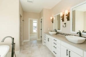 Bathroom remodel in North Liberty with new counters, sinks, flooring